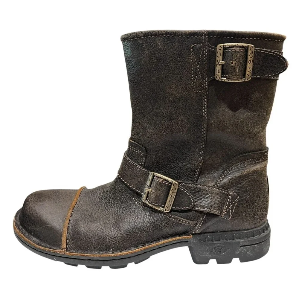 Ugg Mens Rockville II Distressed Brown Leather Moto Boot Shearling Lined  US 9.5